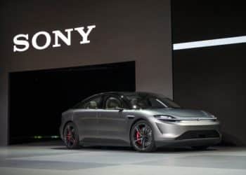 The Sony Corp. Vision-S electric concept car is driven onto the stage during a press event at CES 2020 in Las Vegas, Nevada, U.S., on Monday, Jan. 6, 2020. Sony's Chief Executive Officer Kenichiro Yoshida unveiled a car prototype that showcases the companys sensing and 3D audio technologies. Photographer: David Paul Morris/Bloomberg via Getty Images